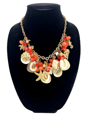 Statement Bib Style Chunky Curb Chain Sea Life Beach Nautical Gold Tone Vintage